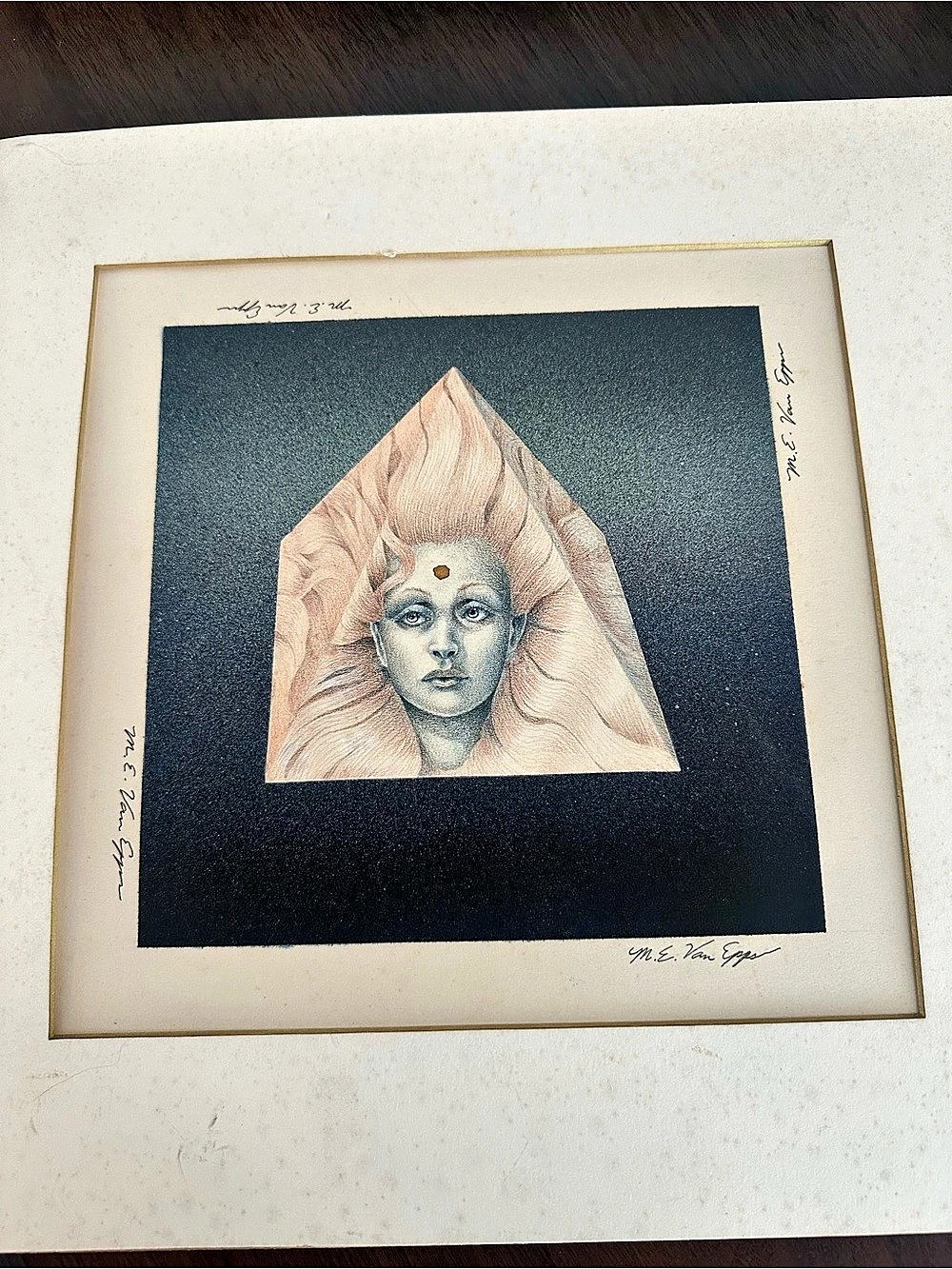 Woman Pyramid metallic lithograph signed 4 x front .. signed and dated on back